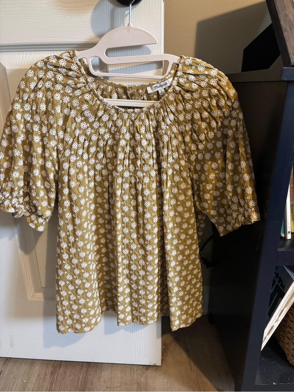 Madewell Mustard Floral Smocked Yoke Short Sleeve Top